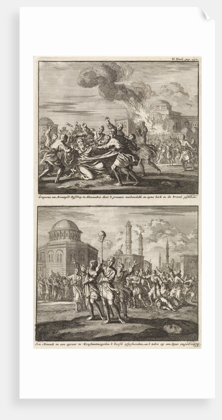 Gregory, a bishop, being ill-treated by opponents and the beheading of a monk in Constantinople by Barent Visscher