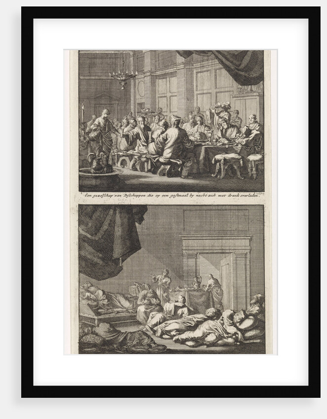 Bishops at a table and drunken bishops asleep in a room by Barent Visscher