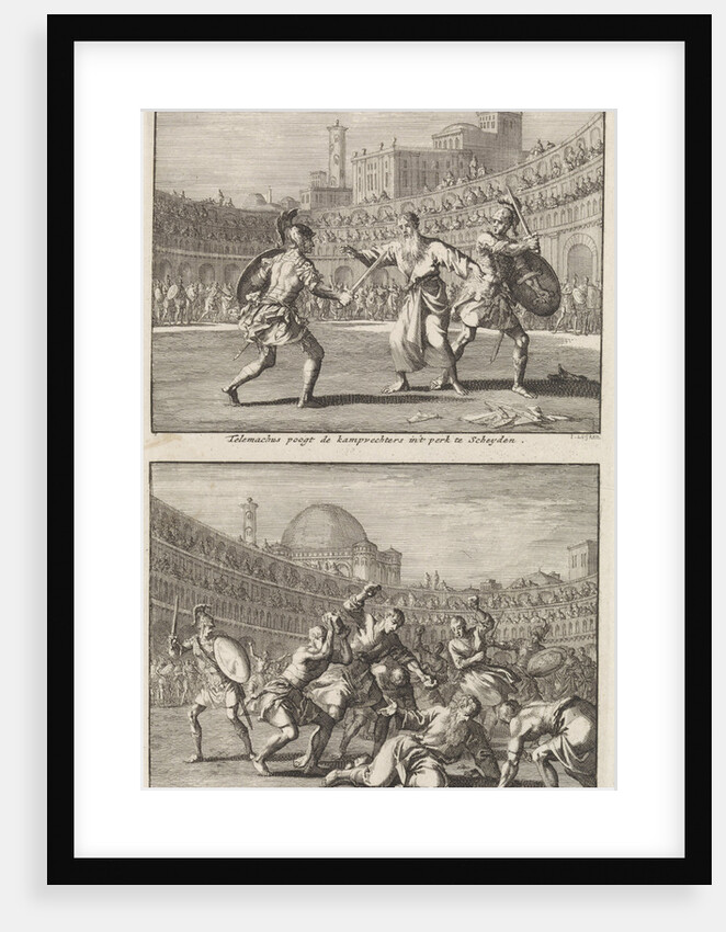 Holy Telemachus of Rome interrupts a gladiatorial combat, and the stoning of Saint Telemachus by Barent Visscher