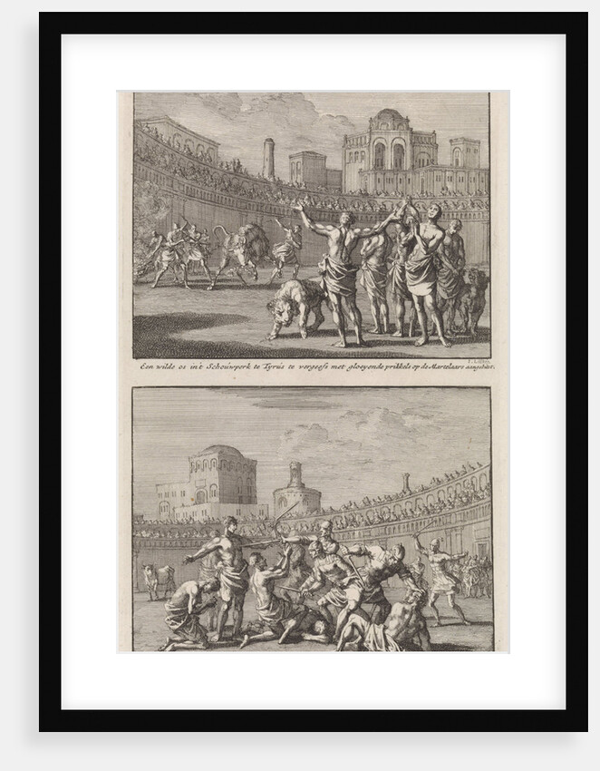 Early Christian martyrs in a Roman arena and Early Christian martyrs who are being slaughtered in an arena by Barent Visscher