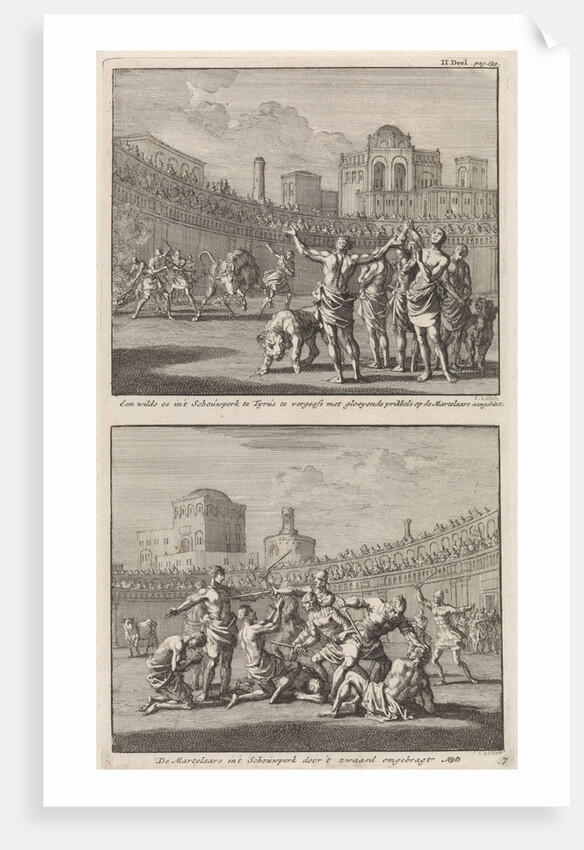 Early Christian martyrs in a Roman arena and Early Christian martyrs who are being slaughtered in an arena by Barent Visscher