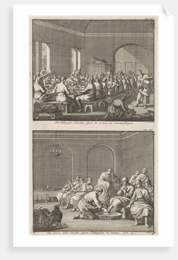 Saint Basil serves a meal to the poor and Christ washing the feet of Peter by Barent Visscher