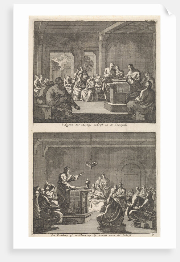 Early Christian community listening to a reading from the Bible and Early Christian community listens to a sermon by Jacobus van Hardenberg