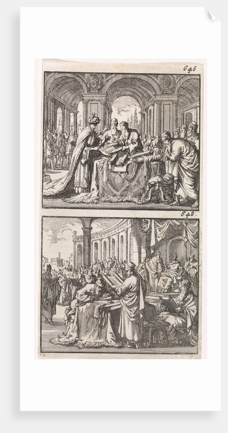 King Ptolemy Philadelphus studying the Hebrew law scrolls, Reading the translation of the law to King Ptolemy Philadelphus by Andries van Damme