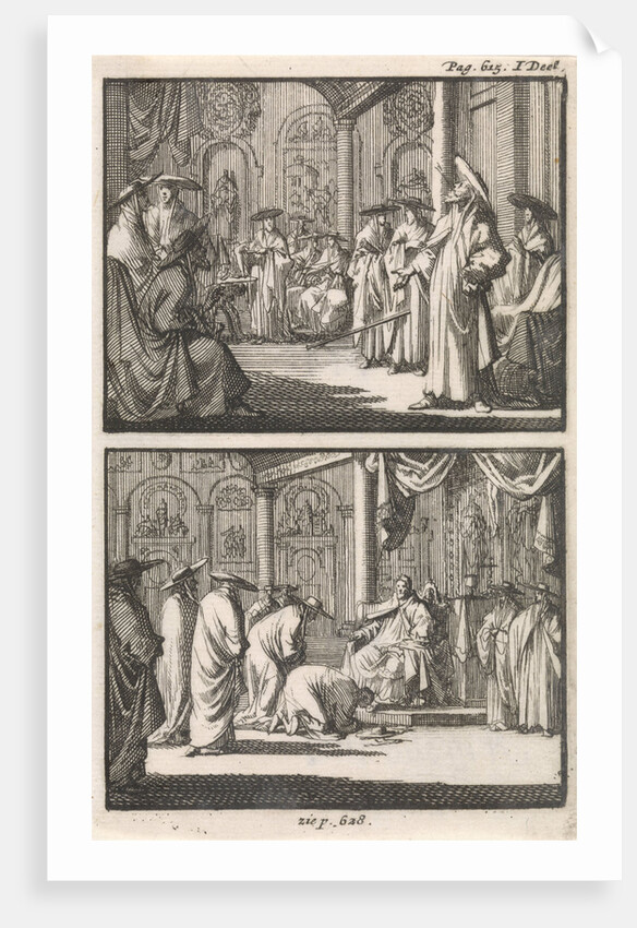 Cardinal Montalto stands up after being elected as pope and throws away his stick, Cardinals kiss the feet of Pope Sixtus V by Steven Swart