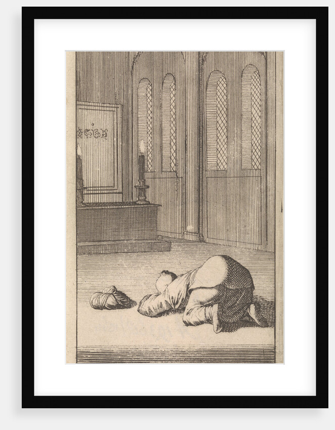 Interior of a mosque with a figure kneeling in prayer by Timotheus ten Hoorn