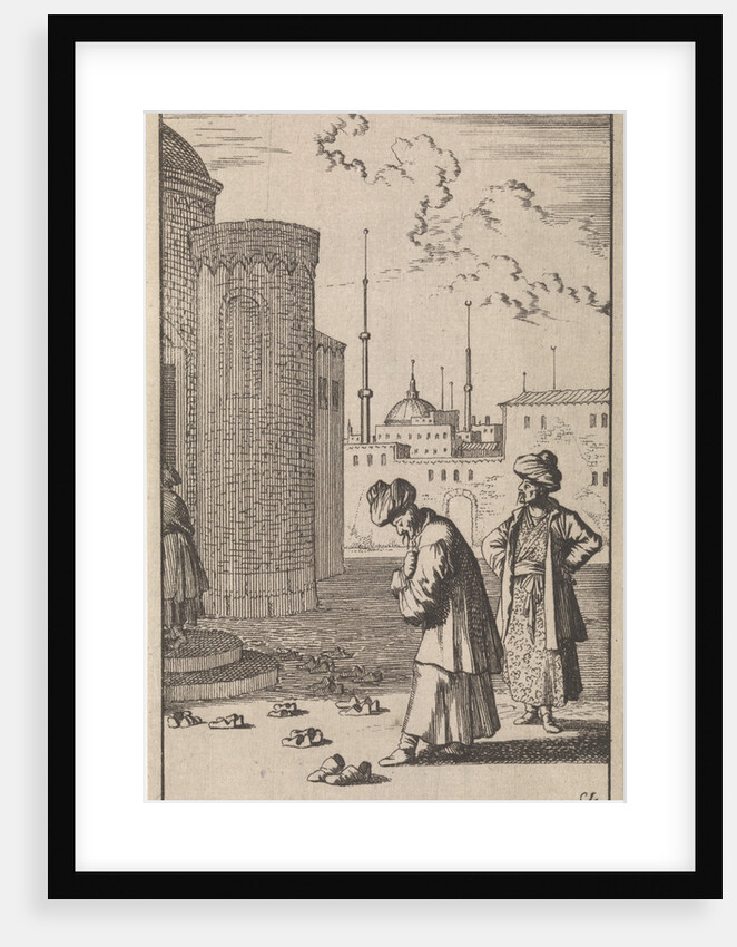 On a square two Turks are walking towards a mosque where before the entrance are a few pairs of shoes by Timotheus ten Hoorn