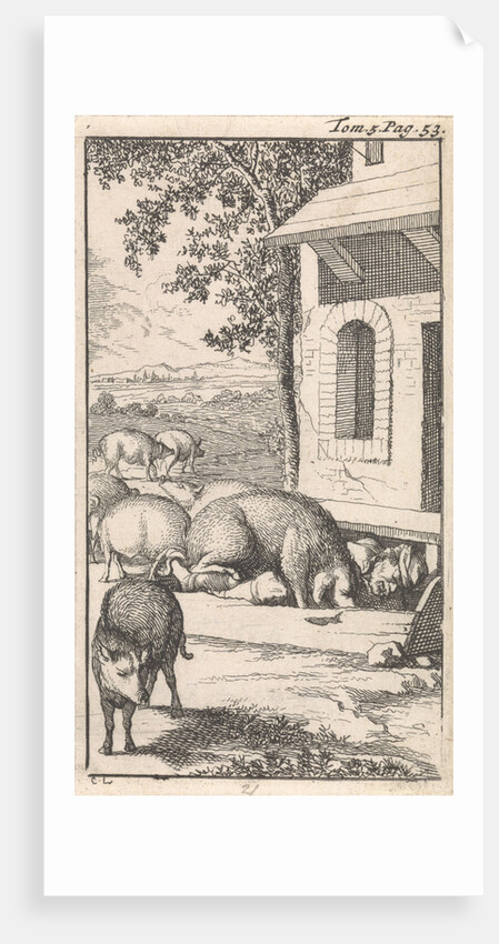 Sancho sleeping in a pig trough before a farm by Pieter Mortier