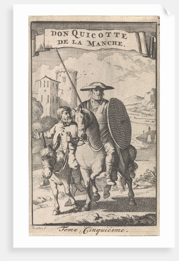 Don Quixote on horseback, Sancho next to him on a donkey by Pieter Mortier