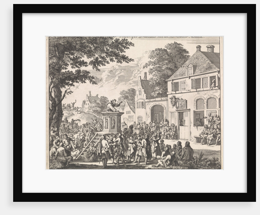Monk preaching from a pulpit in front of an inn by Jan Luyken