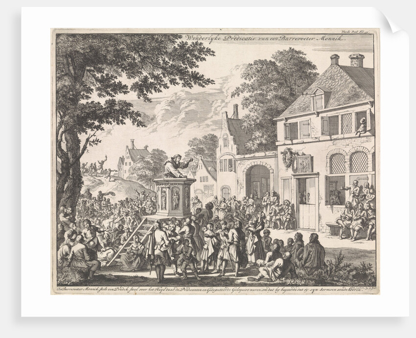 Monk preaching from a pulpit in front of an inn by Jan Luyken