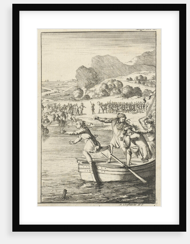 The cook of Marie-Catherine d'Aulnoy arguing on a rowing boat with some girls from Biscay by Caspar Luyken