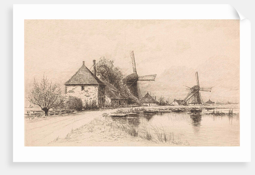 Houses and two windmills along a river by Elias Stark