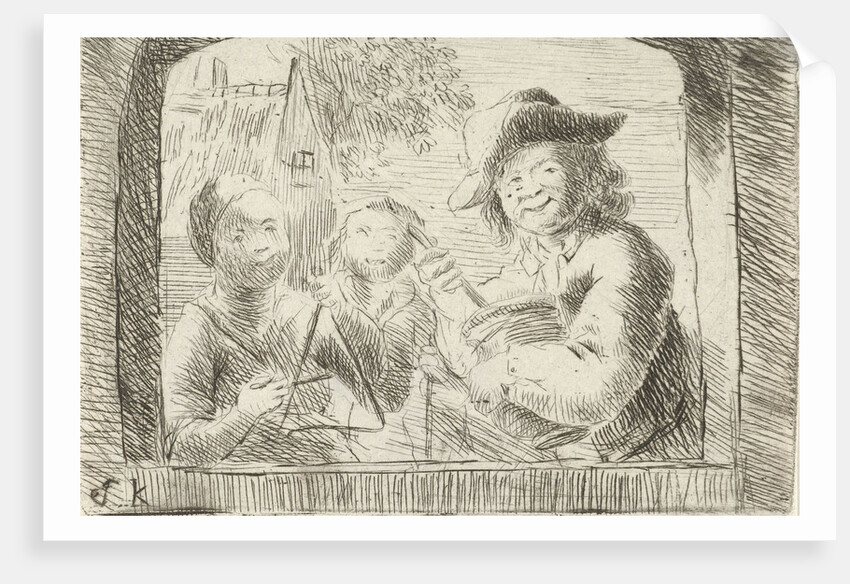 Rommelpot, a friction drum player and two children in a niche by Simon Klapmuts
