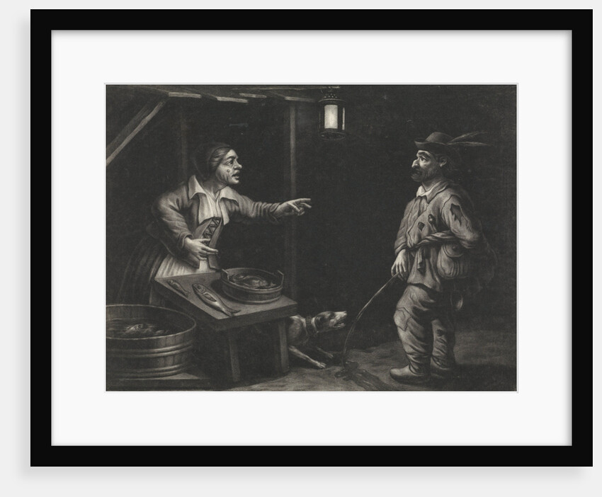 Night scene of a fishmonger and a man urinating by Jan van der Bruggen