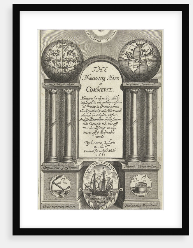 Seeing eye looks down on architecture awarded with world globe and celestial globe on pillars on either side of title by Ralph Mabb