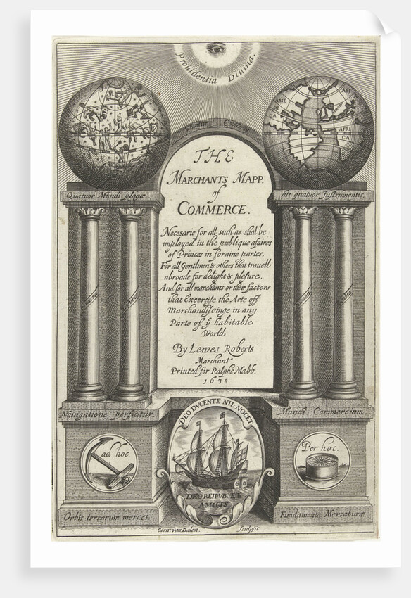 Seeing eye looks down on architecture awarded with world globe and celestial globe on pillars on either side of title by Ralph Mabb