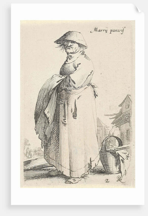 Woman with towel on her arm behind her basket on the ground by Salomon Savery
