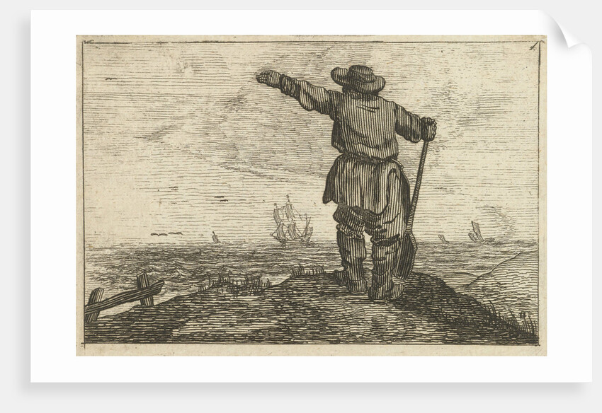 Dune landscape with a waving man leaning on a shovel by Jan Porcellis