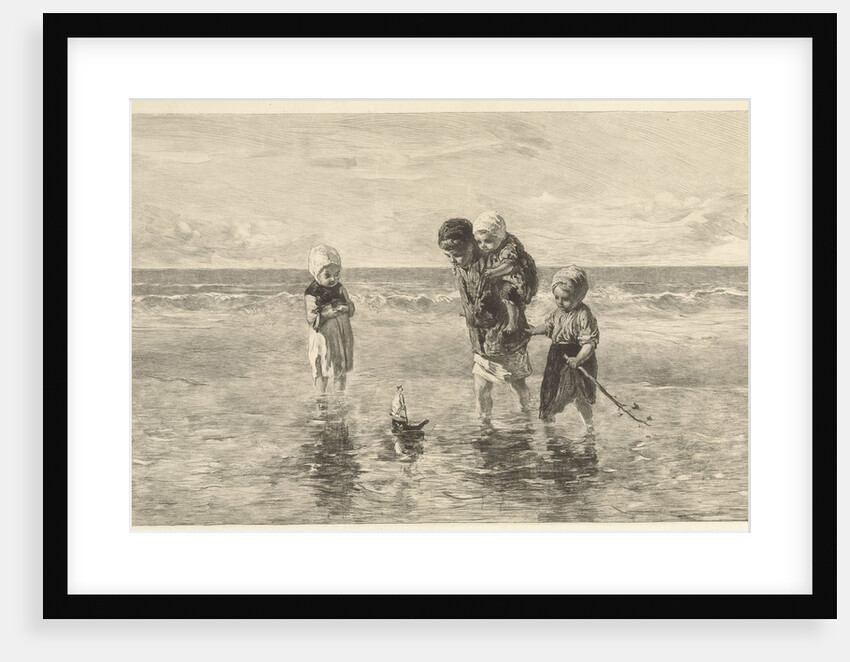 Four children playing with toy boat on the beach in shallow seawater by Carel Lodewijk Dake
