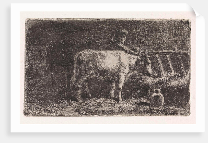 Farmer between two cows in a manger in a stable (small version) by Jan Vrolijk