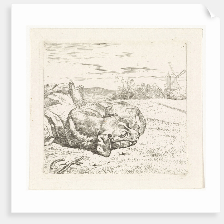 Sleeping dog with windmill in the background by Wouter Johannes van Troostwijk