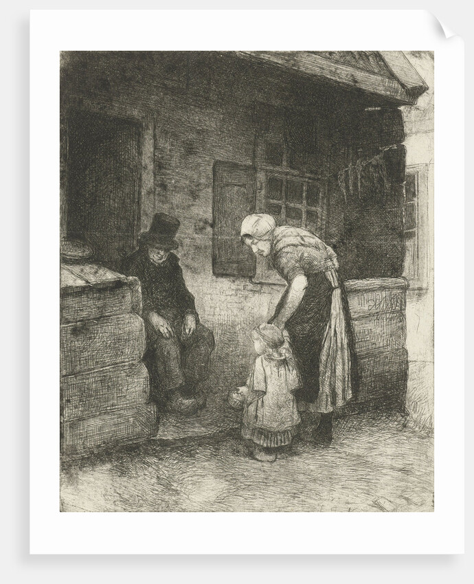 Woman with small child is sitting at home working for old man by Bernardus Johannes Blommers