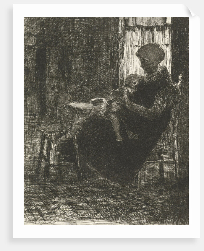 Woman with a sleeping child on her lap asleep near a window by Bernardus Johannes Blommers