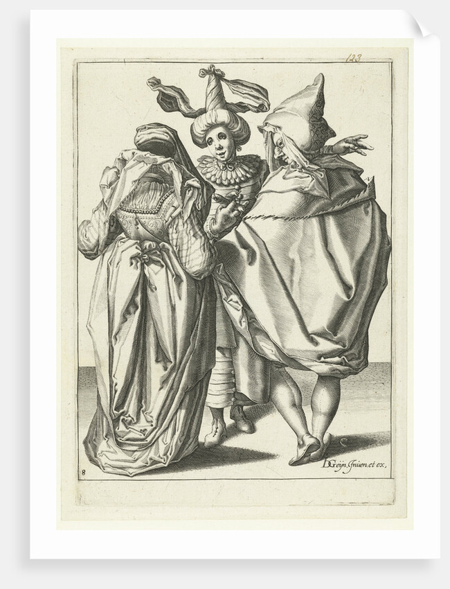 A woman dressed festively, a man in a cape and a masked man who extends his left arm by workshop of Jacob de Gheyn II