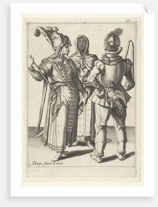 A veiled woman and two masked men, one with a cock on his belt by Jacob de Gheyn II