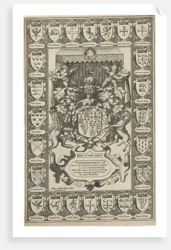 Arms of England, surrounded by weapons by Jodocus Hondius I