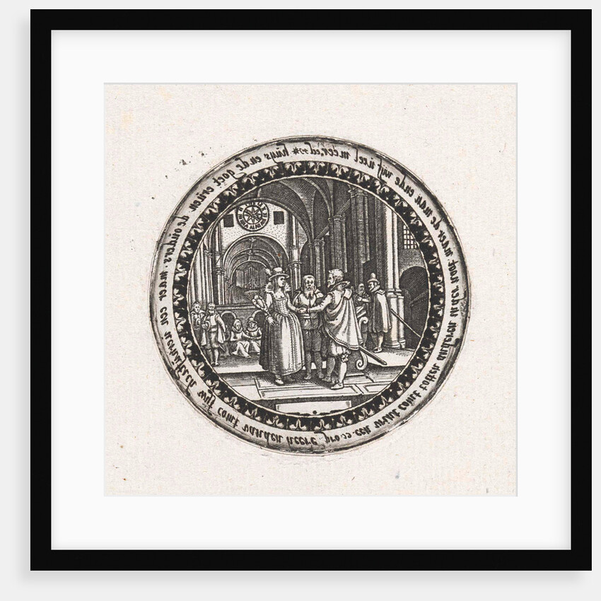Print of a medallion with a depiction of a wedding ceremony in a church by Dirck Strijcker