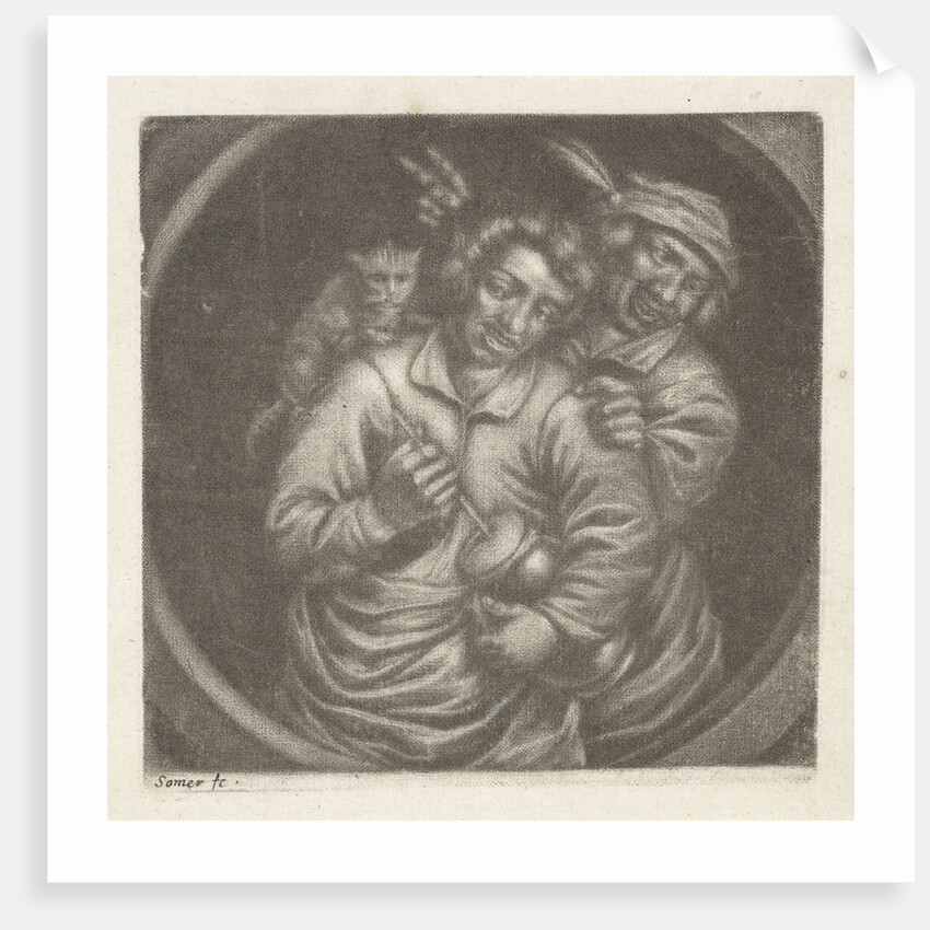 Rommelpotspeler, friction drum player, with a cat by Adriaen Brouwer