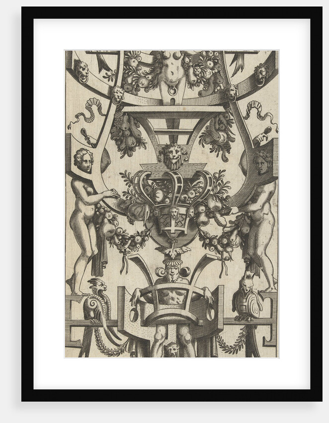 Scrolling with a fruit basket in the middle by Cornelis Bos