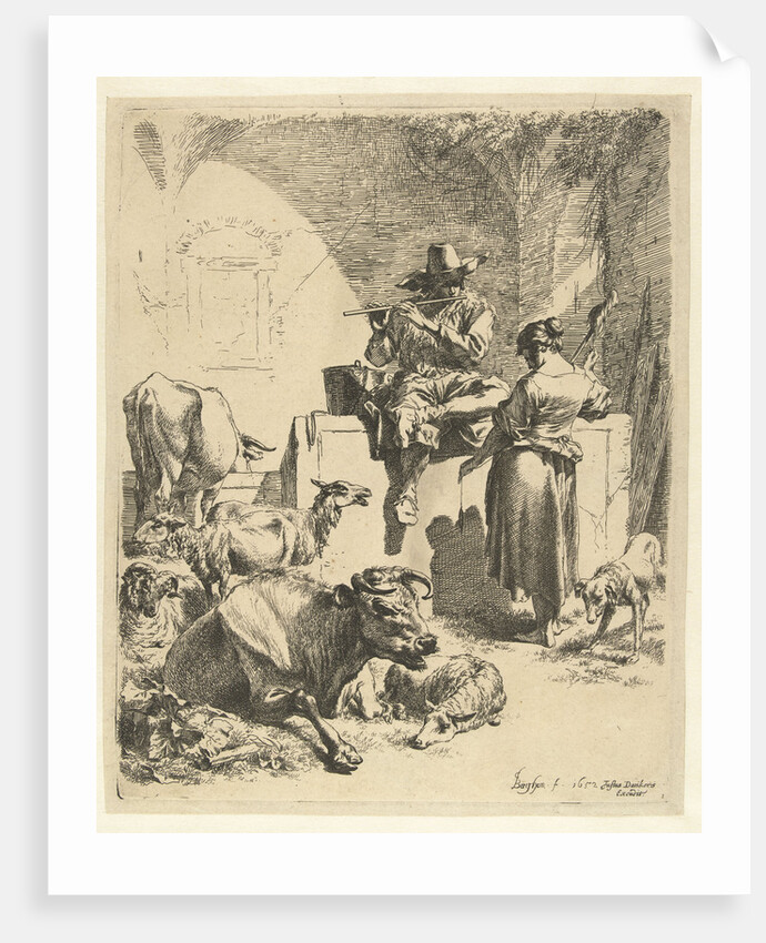 Flute Playing Shepherd and spinster by Nicolaes Pietersz. Berchem