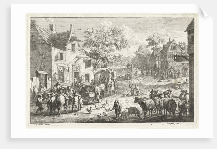 Village with travelers and cattle traders at inn by A.F. Bargas