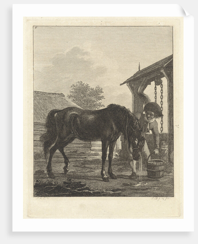 Man lets a horse drink from a bucket by Jan Anthonie Langendijk Dzn