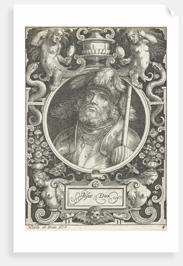 Portrait of Joshua medallion inside rectangular frame with ornaments by Nicolaes de Bruyn