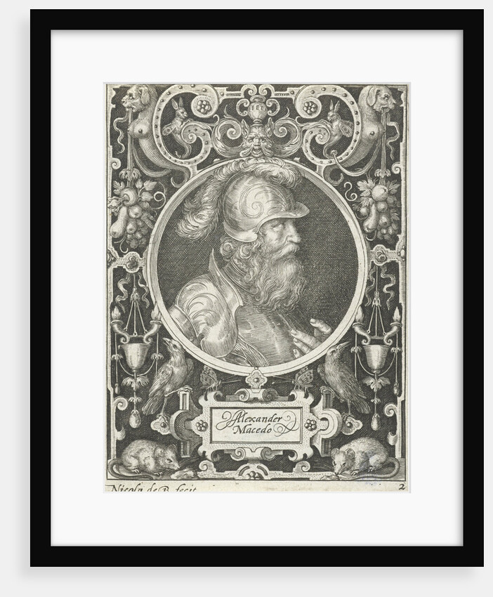 Portrait of Alexander the Great in medallion inside rectangular frame with ornaments by Nicolaes de Bruyn