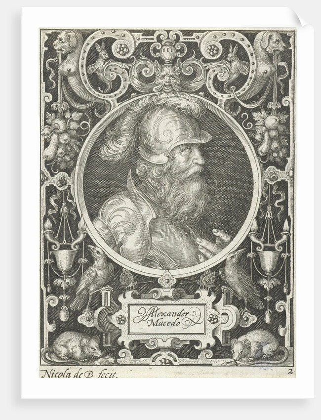 Portrait of Alexander the Great in medallion inside rectangular frame with ornaments by Nicolaes de Bruyn