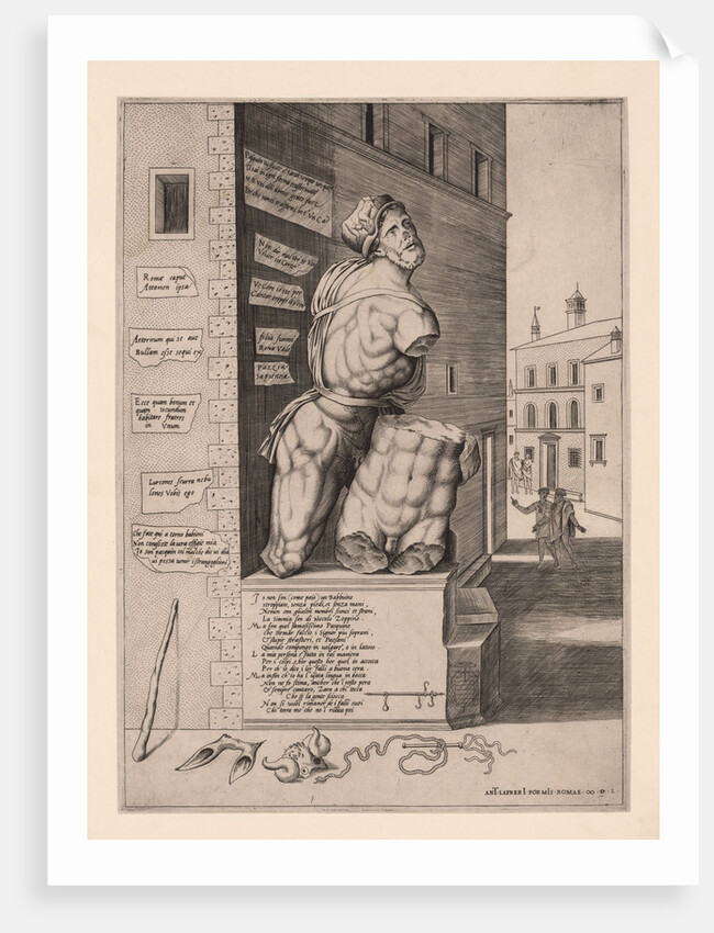 The statue Pasquino, standing on a pedestal in the Piazza di Pasquino in Rome, Italy by Antonio Lafreri