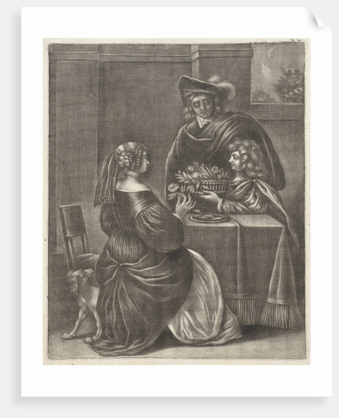 Boy offering a basket of flowers by Jan van Somer