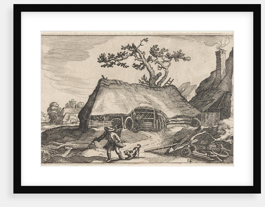 A farm, a man and a barking dog by Boetius Adamsz. Bolswert