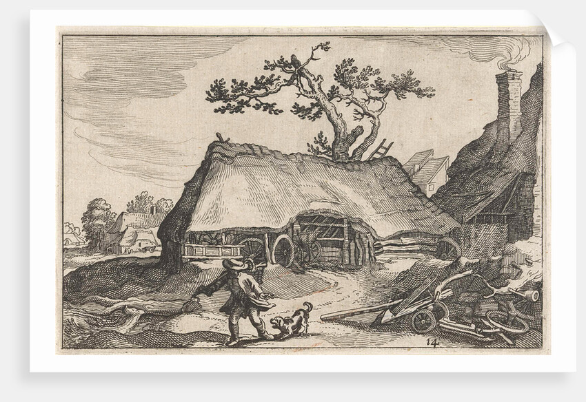 A farm, a man and a barking dog by Boetius Adamsz. Bolswert