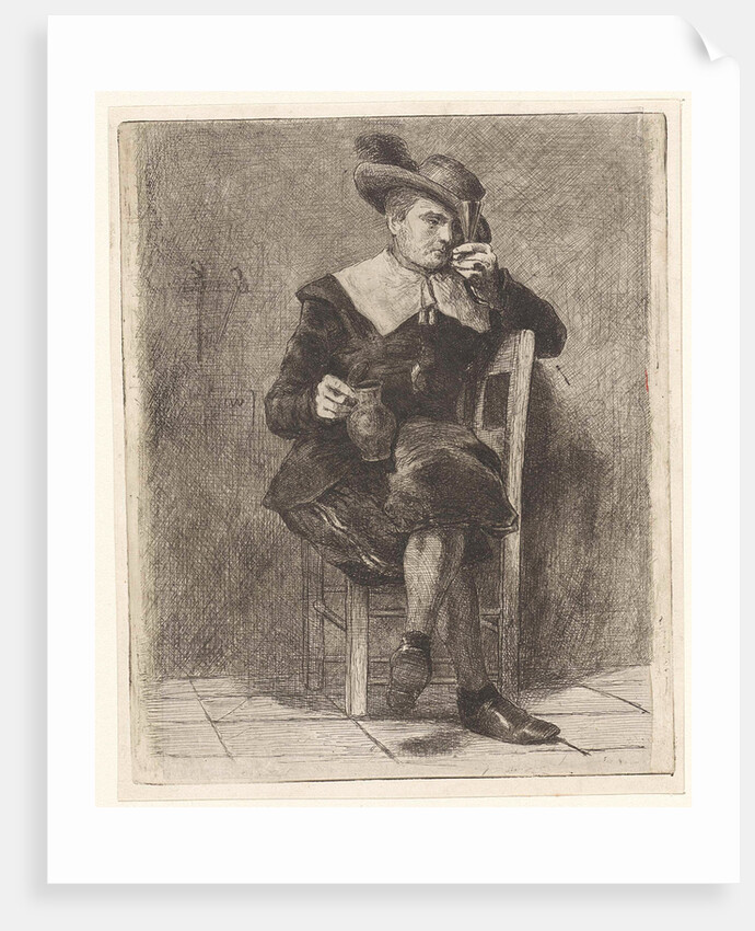 Man with jug and glass on a chair by Jan Weissenbruch