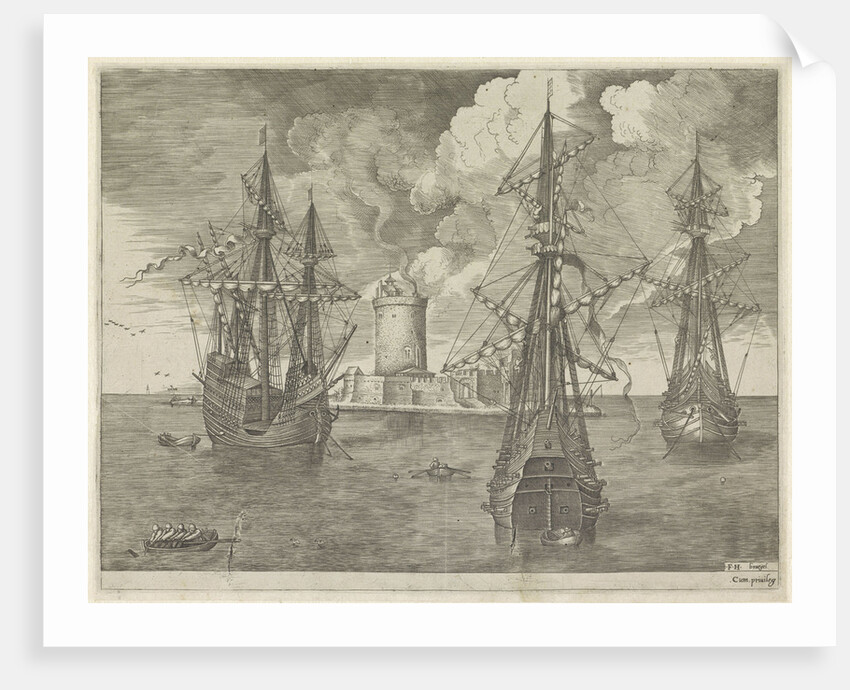 Three warships at anchor near a lighthouse by Anonymous