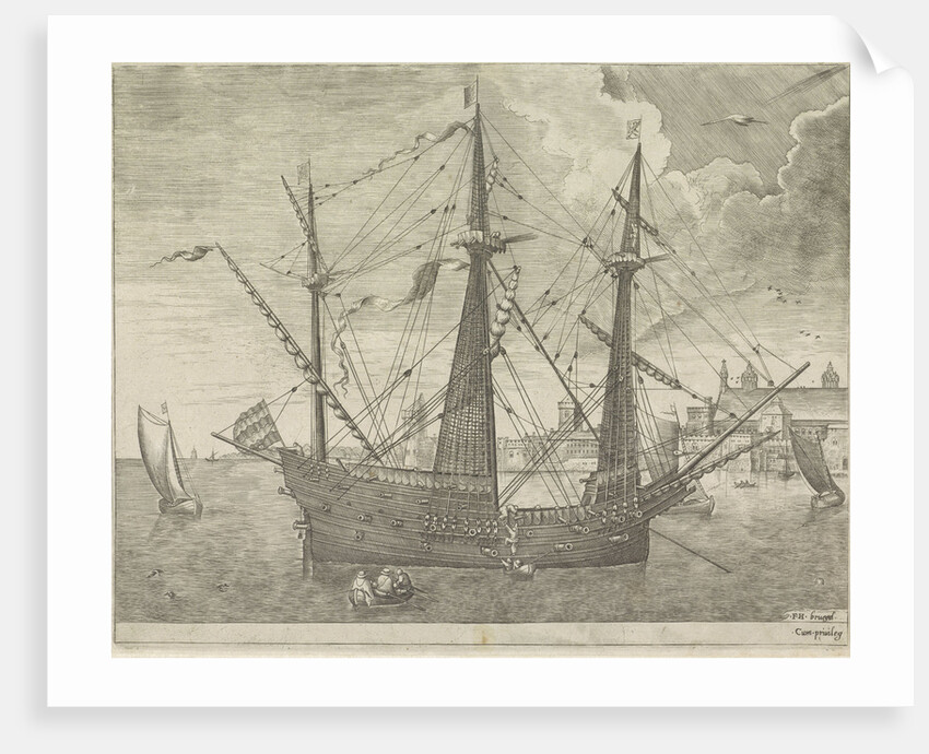 Three-master anchor at a town by unknown