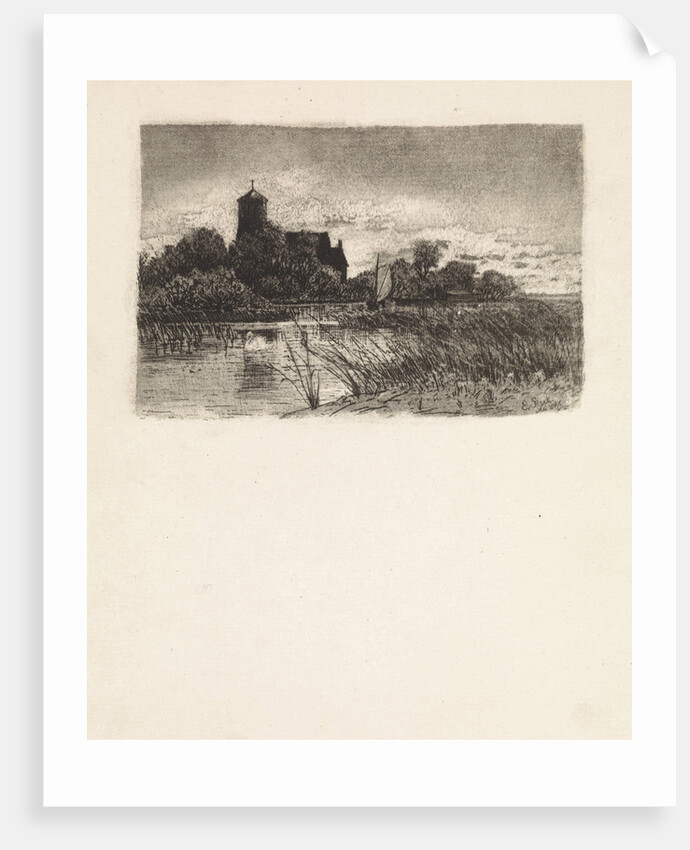 View of the Sint Urbanuskerk in Bovenkerk with on the water a sailing boat by Elias Stark