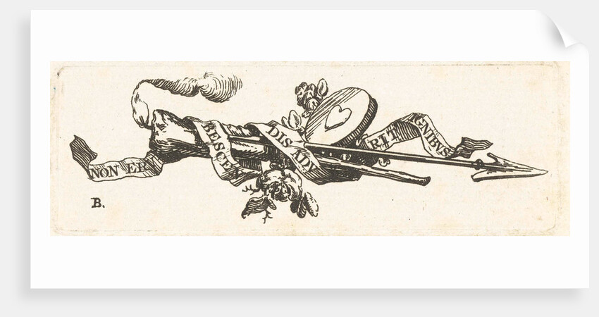 Vignette featuring a burning torch, arrow, heart and ribbon with the inscription non erubecsendis adurit ignitus by Willem Bilderdijk