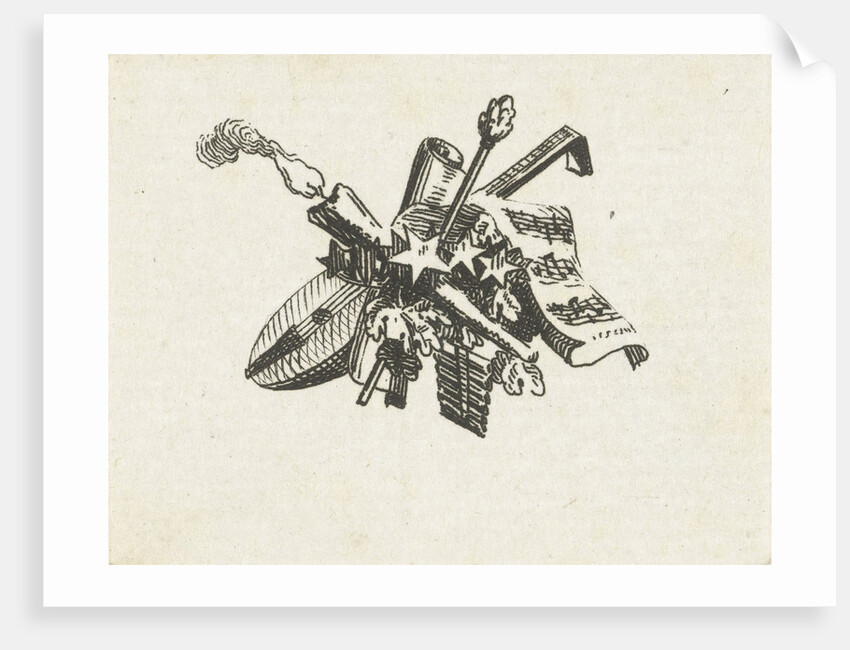 Vignette with cither, burning torch and music sheet by Willem Bilderdijk